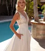 2022 Simple Satin Lace Wedding Dress With Pockets V Neck A Line Boho Bridal Gown Custom Made Sexy Backless Robe De Mariee