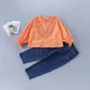 2-7 years high quality girl clothing set autumn fashion casual orange solid shirt + denim pant kid children 210615