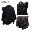 Grefling Women Blazer Jacka Asymmetri Eleganta Dam Lotus Coat Ruffles kostym Lös lång Oregelbunden Svart Outfit Höst Outwear 211006