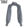 TRAF 女性ファッションアームウォーマーニットセーターヴィンテージタートルネック長袖女性プルオーバーシックなトップス 210812