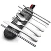 7PCS Dinnerware Set Travel Bestick Set Reusable Silverware With Metal Straw Spoon Fork Chopsticks Kökstillbehör med Case 211012