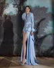 Feather Light Blue Evening Dresses Deep V Neck Long Sleeves Lace Appliques Prom Dress Formal Party Pageant Gowns Custom Made Side Split Sash Robe de mariée