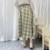 Surmiitro super kwaliteit lente zomer lange rok vrouwen Koreaanse stijl elegante groene plaid hoge taille office midi rok vrouw 210712