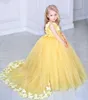 Туль принцесса желтые цветочные девушки платья с цветами ручной работы на шейке