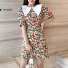 PERHAPS U Women Purple Yellow Floral Print Peter Pan Collar Summer Puff Sleeve Short Sleeve Mini Dress Korean Version D2613 210529