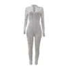 Sexig solid färg långärmad djup v bodycon rompers kvinnor jumpsuit sporyt kostym mode zip upp långa byxor overall fitness set 210709