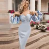 Women Sexy Satin Sky Blue Mid-calf Party Dress Elegant Long Evening Club Prom Celebrity Bodycon Vestido 210527