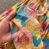 Bohemian Beach Holiday Dress Women Summer V-neck Strap Off Shoulder Puff Sleeve Floral Print Maxi Chiffon 210603