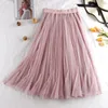 Tulle Skirts Womens Midi Pleated 치마 블랙 핑크 얇은 명주 그합물 여성 봄 여름 한국 탄력 높은 허리 메쉬 투투 스커트 210312