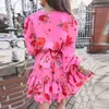 Women Autumn V Neck Tie-Up Mini Dress Office Ladies Spring Floral Printing Dress Fashion Casual Long Sleeve A-Line Party Dresses Y1204