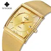 WWOOR Luxury Gold Watches For Men Square Quartz Watch Slim Steel Mesh Waterproof Date Wrist Watch Men Top Gift Relogio Masculino 2272p