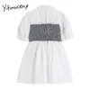 yitimuceng偽の2枚のシャツのドレス女性の夏のパッチワークチェック柄ハイウエストピーターパン首輪韓国のファッションドレス210601