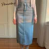 Yitimuceng denim långa kjolar för kvinnor splittrade gaffelknapp upp fickor slits a-line vår sommar koreanska mode midi kjol 210601