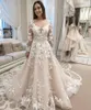 Scoop Neck Long Sleeves Lace Wedding Dresses with Flowers Appliques Court Train Tulle Plus Size Bridal Gowns