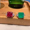 OEVAS 100% 925 Sterling Silver 12*12mm Square Synthetic Emerald Ruby High Carbon Diamond Rings For Women Party Fine Jewelry Gift 211217