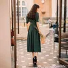 Vintage Summer Short Sleeve Long Women Dress V-neck Mid-Calf Fit and Flare Empire Cotton Office Lady Dresses Green 210603