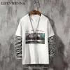 Lifenwenna Fashion Patchwork Sweatshirts Fast Print Car Hoodies Sweatshirt Män Auturm O Neck Striped Sweatshirt för män Pullover 210528