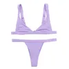 Púrpura de un hombro con cordones Bikini Set Trajes de baño Bikinis sólidos Mujer Push Cordón Traje de baño Tie Traje de baño 210629