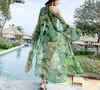 Teelynn Green Floral Print Chiffon Kimonoの女性のブラウスシャツ長袖夏のローブ・ボハビーチ・ビーチ・ウェアビキニカバーvestidos 210719