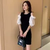 2Style Zomer Retro Casual O Neck Puff Sleeve Jurk Dames Mini Patchwork Korte Mouw Wrap Hip Gebreid Off Shoulder Vestidos 210610