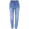 Elastisk midja dragsko harem jeans sexiga blekmedel tvättar denim byxor med fickor höst streetwear blå stretch jean byxor 211129