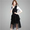 Women's Vests Lace Spliced Vest Waistcoat Ruffles Pleated Women Suit Coat Sleeveless Jacket Tailored Collar Black Female Long Coats