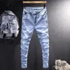 Men's Jeans Street Style Fashion Men Retro Light Blue Spliced Designer Biker Embroidery Elastic Hip Hop Denim Pencil Pants