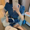 JumpsuitsRompers Zomer Koreaans Chic Hoge Taille Gekleed Korte Mouw Denim RompersPlaitSuits Mode Jeans Wide Been Shorts 210610