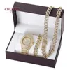 Watch CHUHAN 3pcs/set Hip Hop Cuba Chains Iced Out Necklace Set Fashion Luxury Diamond Inlaid Steel Band Quartz Watch + Bracelet J491