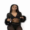 Sexy V Neck Mesh Tracksuit Dois Parte Sets Mulheres Crop Top e Calças Outono Fato Fluffy Rosa Hip Hop Swe Hop Suor Ternos ver através de Y0625