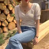 Yedinas Sexy T-shirt Frauen Gestrickte Kurzarm Vintage T-shirt Slim Crop Top Koreanische Stil Elastische T Tops Femme 210527