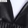 Zevity Donna Vintage Profondo Scollo a V Ecopelle Gilet a pieghe Gonna Cinghie regolabili Mini abito casual Chic Vestido Mujer DS4838 210603