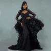Black Mermaid Lace Aftonklänningar med Ruffled Avtagbar Tåg Långärmad Prom Lyckor Afrikansk High Neck Formell Klänning