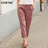 Baumwolle Leinen Große Tasche Dünne frauen Hosen Feste Elastische Taille Hose Für Frauen Sommer Gerade Weiß Homewear Hosen 211105