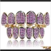 Grillz, Dental Body Jewelry Custom Fit Hip Hop Gold Teeth Grillz Caps Micro Pave Fuchsia Cubic Zirconia Top & Bottom Grills Set For Christma