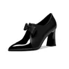 Dress Shoes Color-blocking Cowhide Bow Deep-mouth High-heeled For Autumn And Winter 2021 Pointed Thick