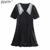 Zevity Women Sweet Lace Collar Patchwork Double Breasted Black Mini Sukienka Kobieta Chic Rękaw Puff Ruffles Letnie Vestido DS8161 210603