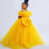 Vestidos de fiesta de cumpleaños para niños pequeños hinchados amarillos Joya con volantes en el cuello Joya Princesa Vestidos para niñas de flores Vestido de fiesta para niños pequeños