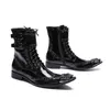 Botas de hombre de cuero negro, botas hechas a mano, botas de moto con punta de hierro puntiagudas para hombre, zapatos militares para hombre