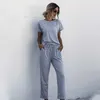 2021 Hotsale 2 Pcs Mulheres Summer Tracksuits Set Lounge Use Manga Curta Tops Calças Longa Suites Suites Elastic Waist Casual Sólido Y0702