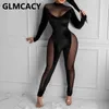 Femmes Mesh Insert Slim Jumpsuit Sexy See Through Party Clubwear Salopette 210702