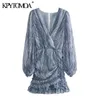 KPYTOMOA 여성 세련된 패션 동물 인쇄 비대칭 Draped 미니 드레스 빈티지 긴 소매 러블 여성 드레스 Mujer 210806