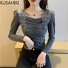 Korean Lace Patchwork Square Collar Graphic T Shirts Long Sleeve Slim Basic Tee Tops Spring Women Tshirt 6E840 210603