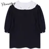 Yitimuceng Black Blouse Kvinnor Lace Short Shirts Loose Summer Fashion Sailor Collar Single Breasted Puff Sleeve Toppar 210601