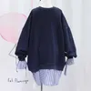 Spring and Autumn Long Sleeve Sweater with Stripes Shirt Fake Two-piece Dress Round Neck Butterfly Women's 210615