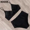 RUUHEE maillot de bain femme taille haute Bikini femmes léopard solide maillot de bain femme avec coussin Push Up maillots de bain 210630