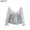 Zevity Women Fashion Floral Print Transparent Organza Blus Kvinna Puff Sleeve Lace Up Smock Shirt Chic Summer Toppar LS9230 210603