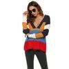 Herfst Mode Gestreepte Patchwork Kleur Pullover Dames Lange Mouw Diepe V-hals Vintage Tops Dames Casual Pullovers en Sweaters 210608