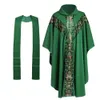 Padre Costumes Santa Igreja Vestments Clergy Chasuble Catholic Apparel Robe Set Cross Bordado Estojo Estojo Branco / Roxo / Vermelho / Verde