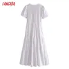 Tangada Sommer Frauen Weiße Stickerei Romantische Baumwolle Langes Kleid V-ausschnitt Kurzarm Damen Sommerkleid 3H09 210609